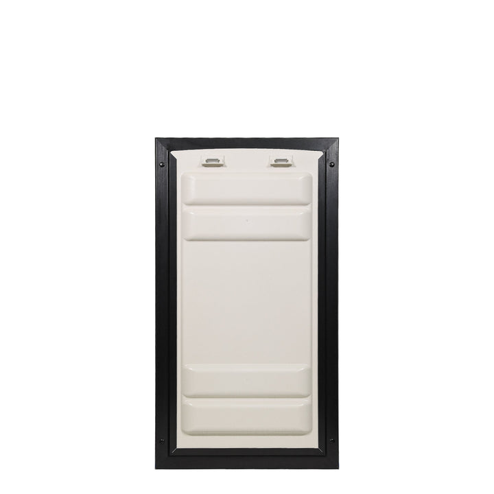 A white pet door with a black frame, shown on a white background.