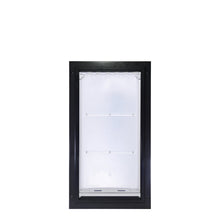 Black-framed pet door with a clear flap.