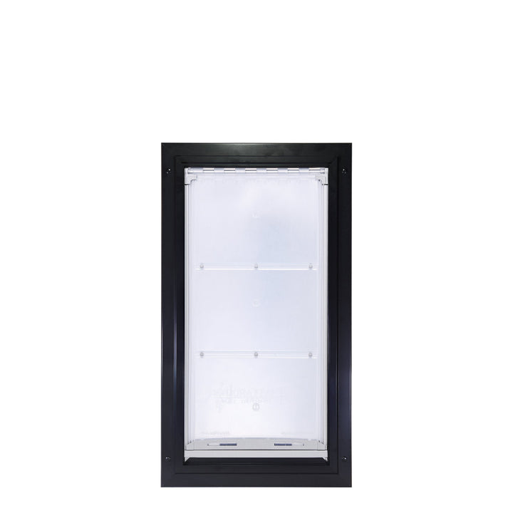 Black-framed pet door with a clear flap.