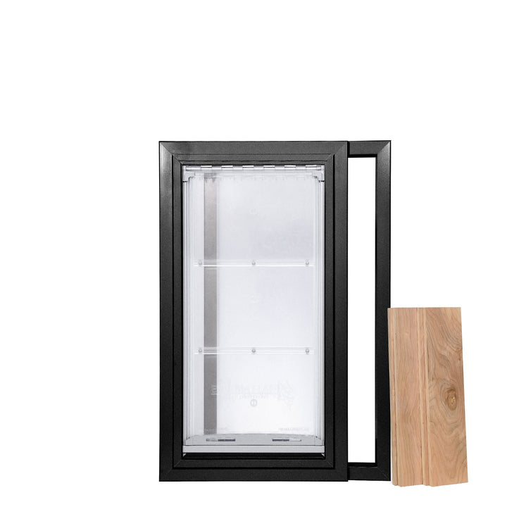 Black-framed dog door with transparent flaps and a wood-paneled cover.