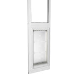 A white window with an installed pet door.