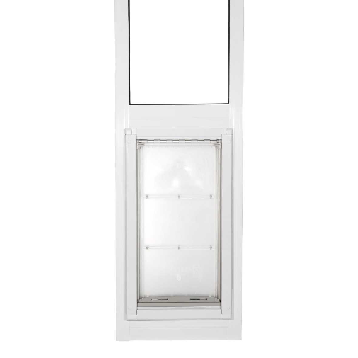 White sliding glass door insert with a pet door.