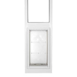 White sliding glass door insert with a pet door.