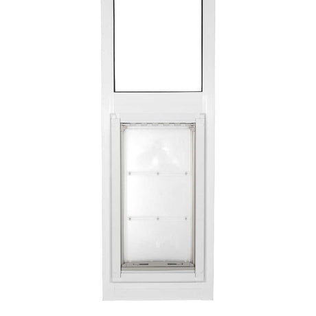 White sliding glass door insert with a pet door.