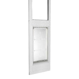 White-framed sliding glass door insert with a dog door.