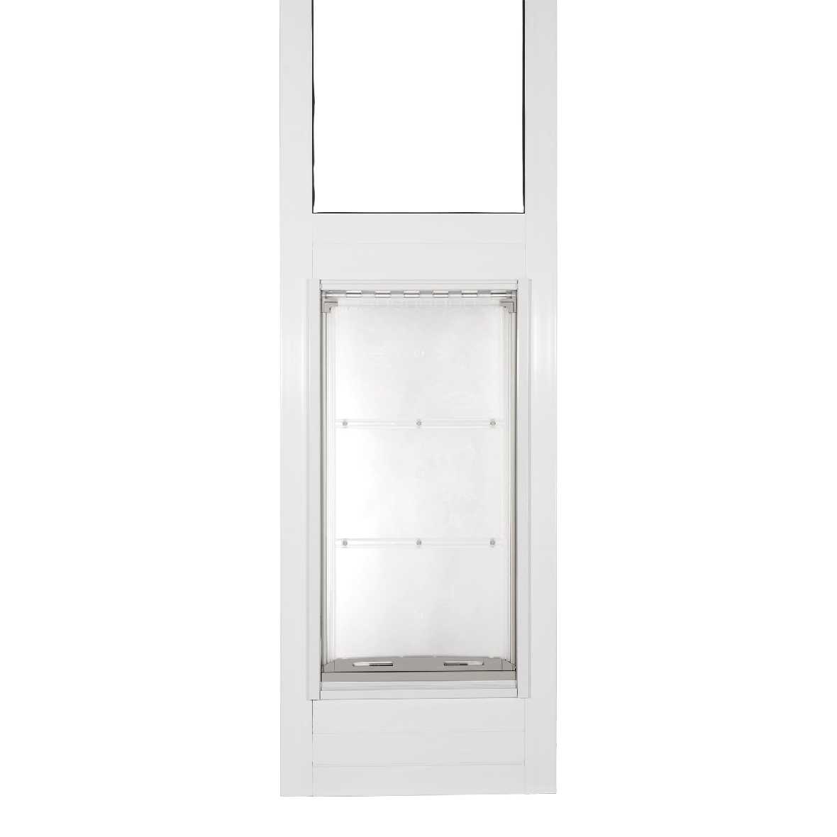A white framed window with a pet door insert.