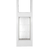 A white framed window with a pet door insert.