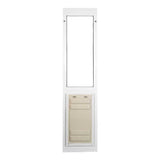 A white pet door with a beige flap, isolated on a white background.