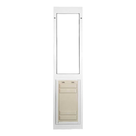 A white pet door with a beige flap, isolated on a white background.