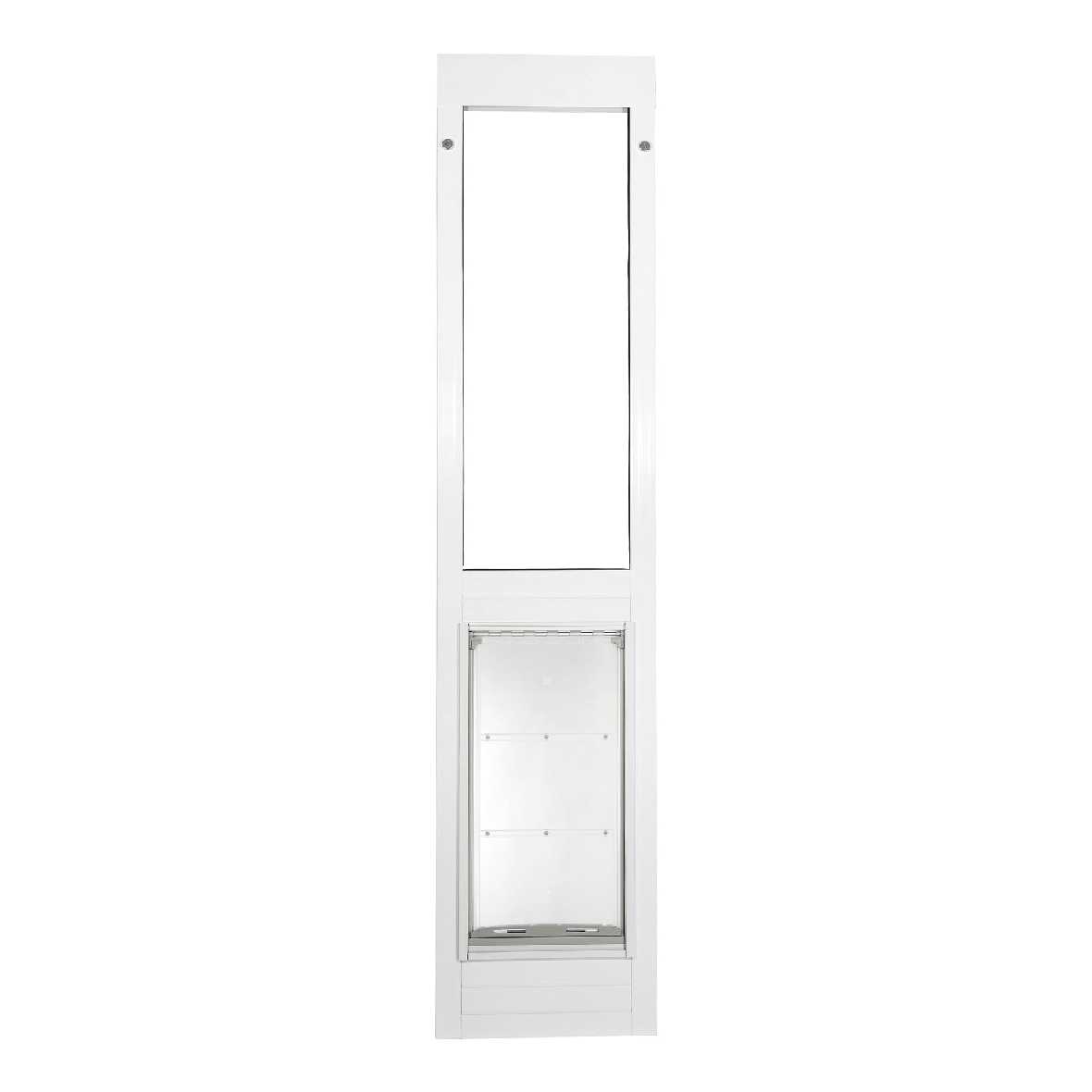 White sliding glass door insert with pet door.