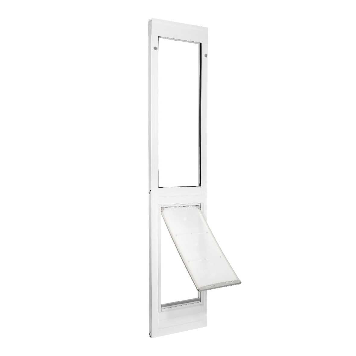 A white pet door with a hinged flap.