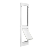 A white pet door with a hinged flap.