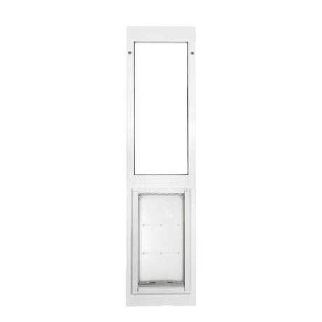 White-framed sliding glass door insert with a pet door.