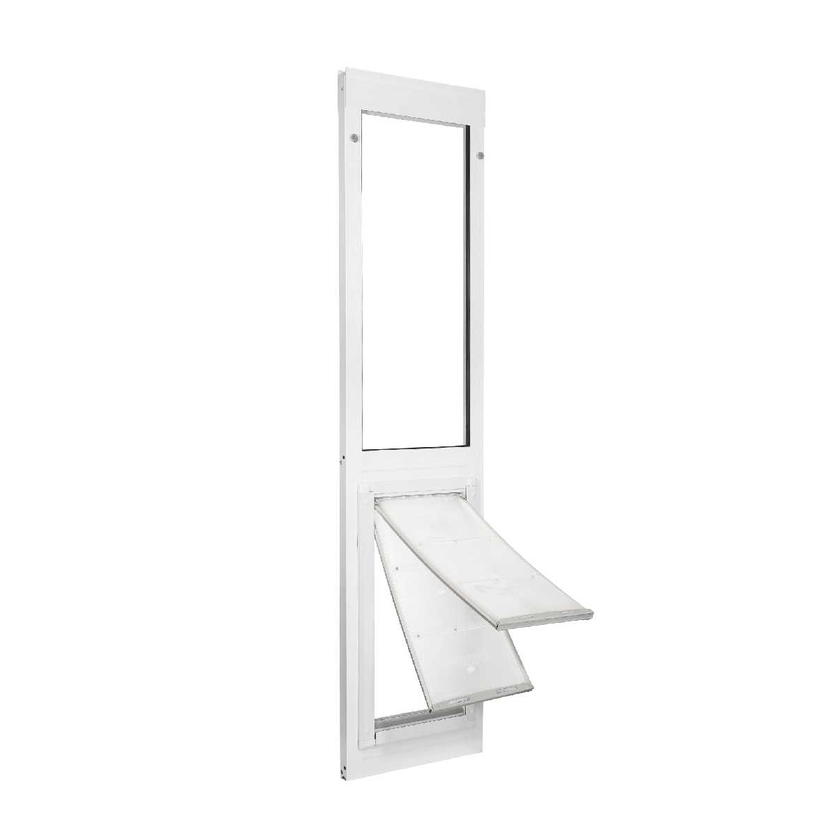 A white-framed pet door insert with a glass upper section and a swinging flap.