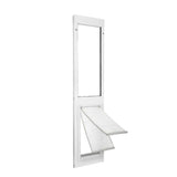 A white-framed pet door insert with a glass upper section and a swinging flap.