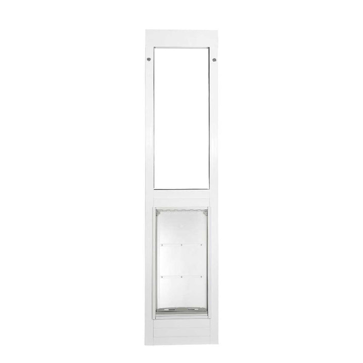A white sliding glass door insert with a pet door.