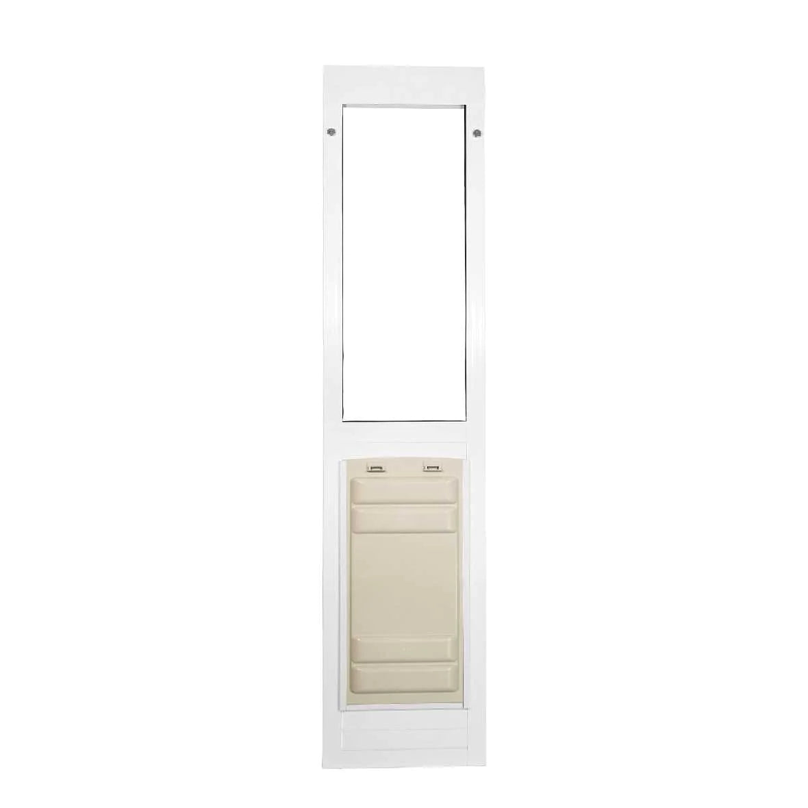 A white dog door insert for sliding glass doors.