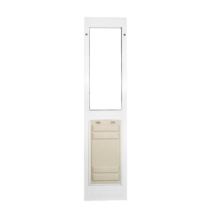 A white-framed sliding glass door insert with a dog door.