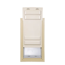 Beige-framed pet door with a translucent flap.