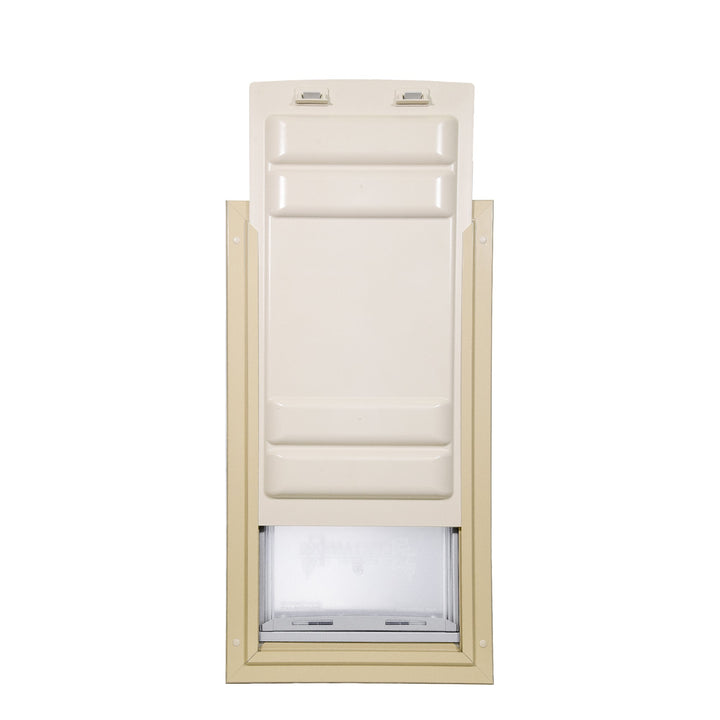 Beige-framed pet door with a translucent flap.