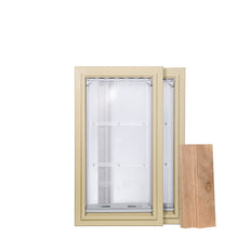 Two pet doors with tan frames are shown next to wooden planks against a white background.