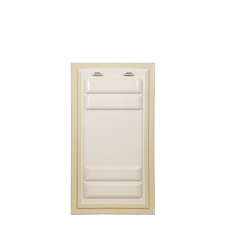 Beige-framed pet door closure panel.