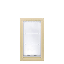 Beige-framed, clear pet door on a white background.