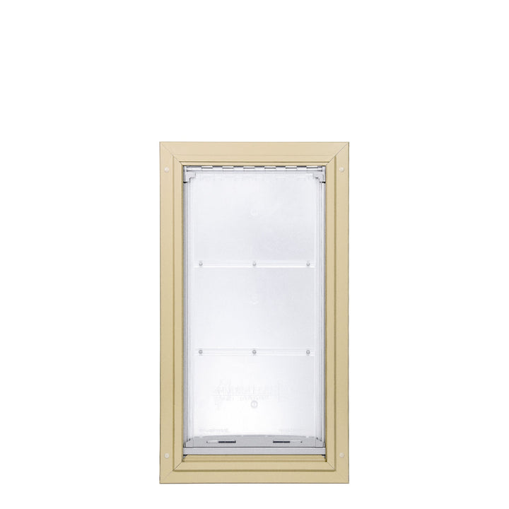 Beige-framed, clear pet door on a white background.