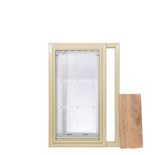A pet door with a tan frame and a wooden panel.