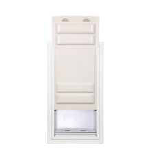 White pet door with a closing panel and a clear flap.