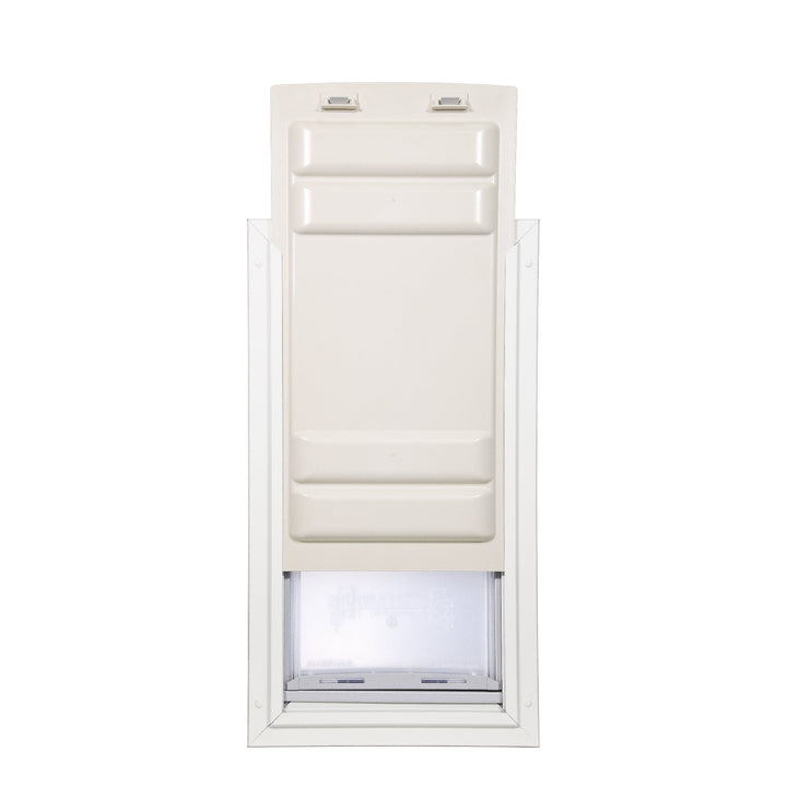 White pet door with a closing panel and a clear flap.