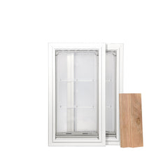 Two white framed pet doors are positioned next to a wood panel on a white background.