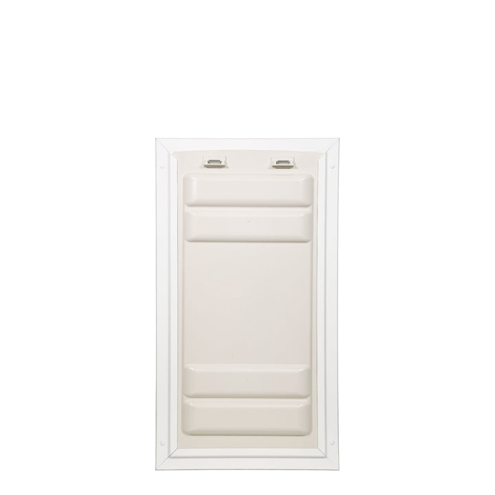 A white dog door is shown against a white background.