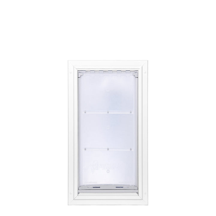 White-framed dog door with clear plastic flap.