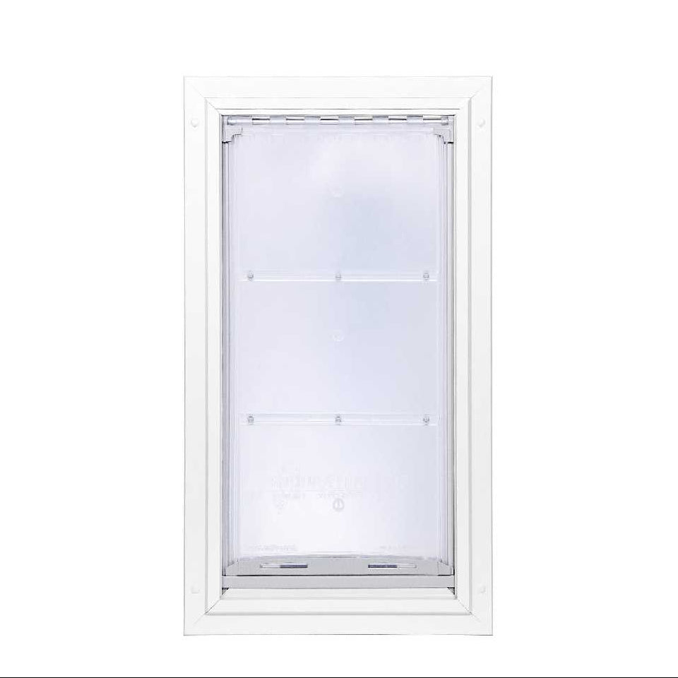 White framed pet door with a clear plastic flap.