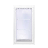 White framed pet door with a clear plastic flap.