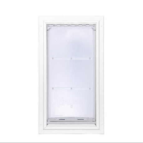 White framed pet door with a clear plastic flap.