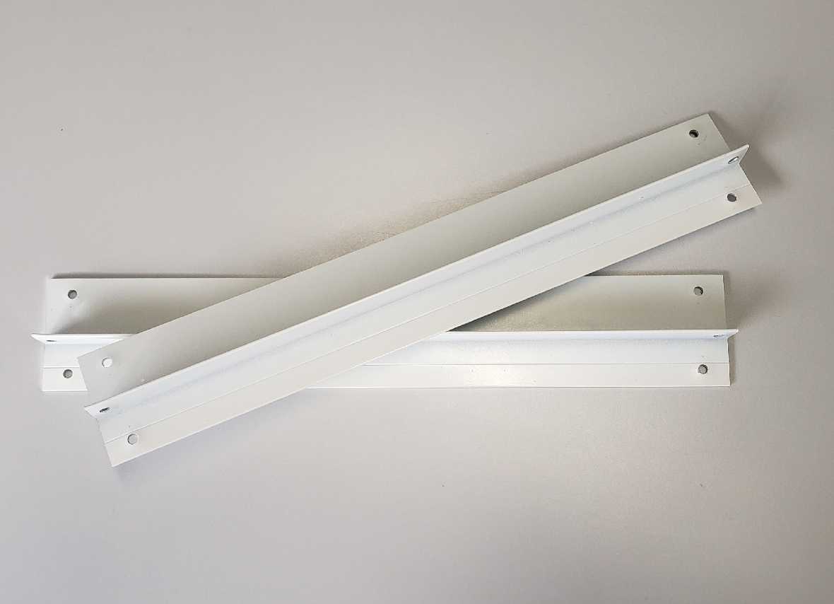 Two white, metal angle brackets with pre-drilled holes.