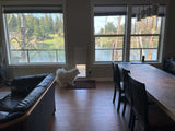 Interior view of a living and dining area with a dog standing near a dog door that leads to a deck with a view of a lake.