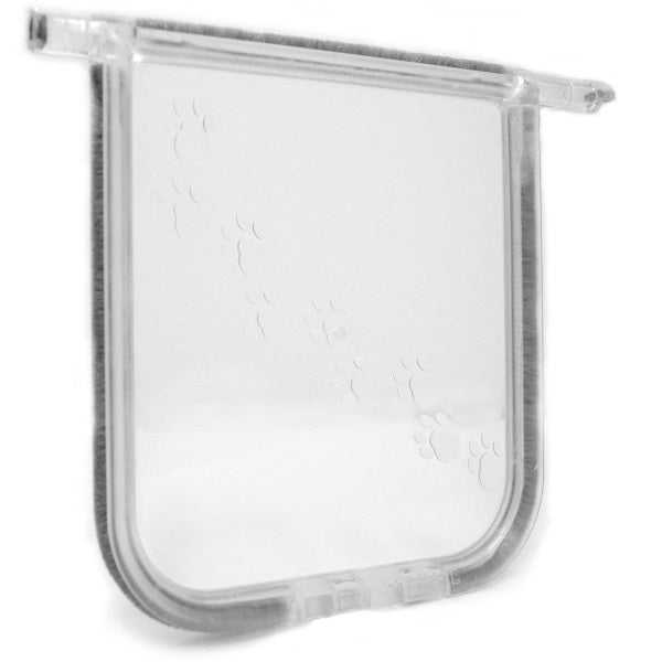 A clear, hinged pet door flap with paw print designs.