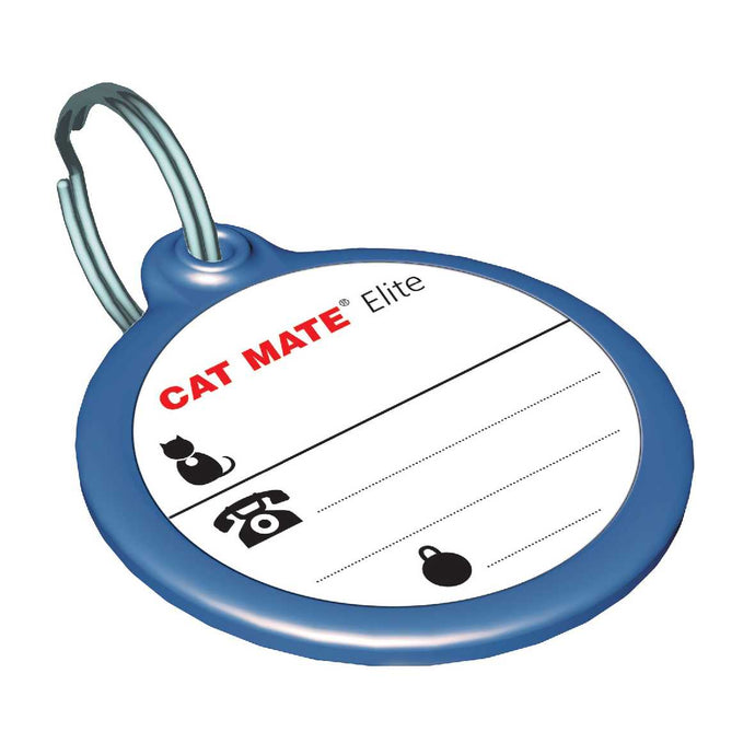 A blue Cat Mate Elite pet tag with a silver keyring, featuring a cat icon, a telephone icon, a padlock icon, and lines for writing.