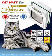 Product image for a Cat Mate Elite Super Selective cat flap, featuring a tabby cat and product details.