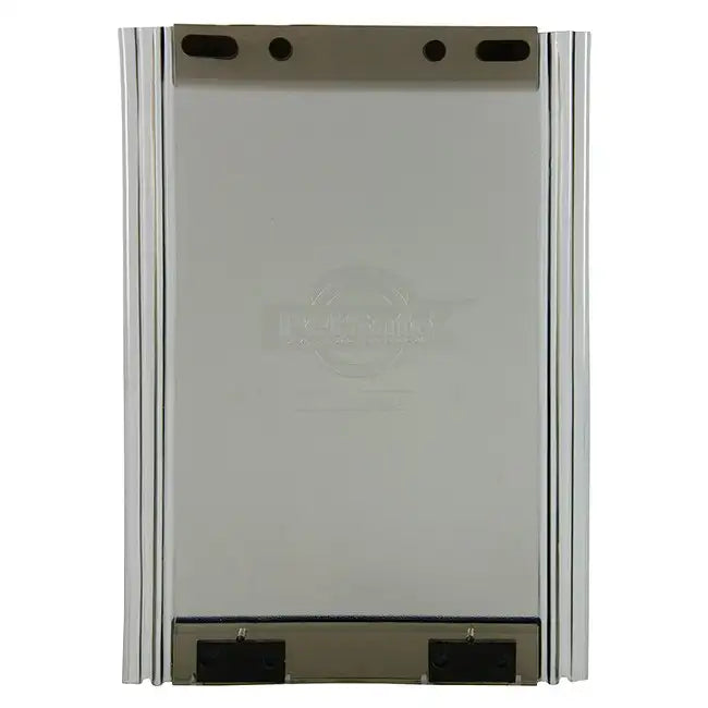 A gray pet door with aluminum siding.