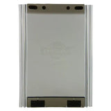 A gray pet door with aluminum siding.