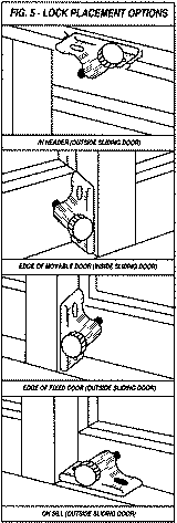 Diagram illustrating four possible lock placement options for sliding doors.