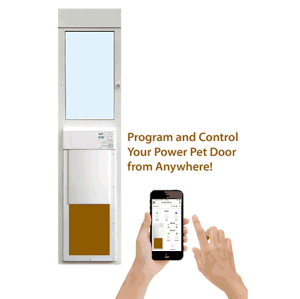 Image shows a pet door next to a phone displaying control options.