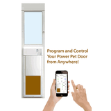 Image shows a pet door next to a phone displaying control options.