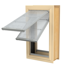 A pet door with two transparent flaps partially open.