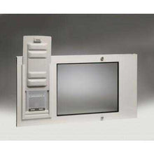 White metal-framed screen with an attached utility box on the left, against a gray background.