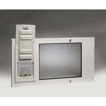 A white control panel with a rectangular screen and buttons on the left side.